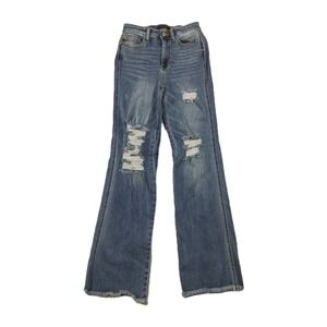 JUDY BLUE Women's Boot Cut Stretch Jeans Blue Distressed Raw Hem Sz 3/26 (26x32)